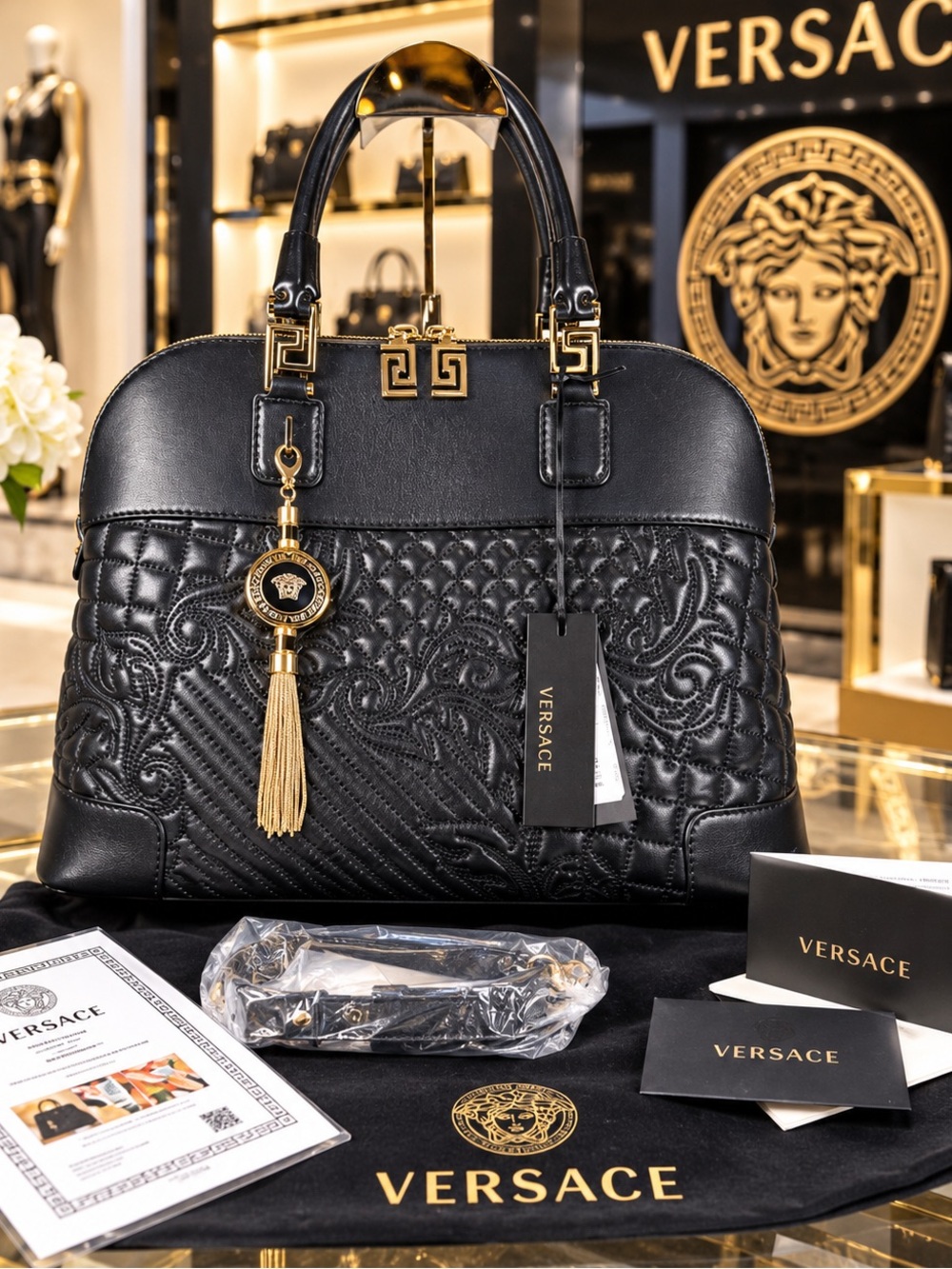 Gianni Versace Vanitas Black Quilted Leather Satchel Bag Barocco Lining Authenti
